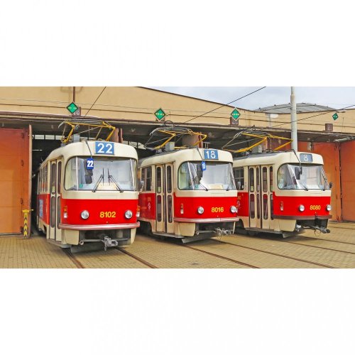 Hrnek - tramvaje T3M ve vozovně Hloubětín