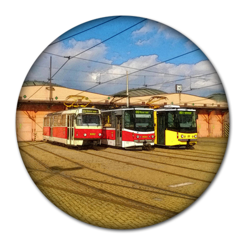 Przypinka 1228: tramwaje w zajezdni Hloubětín